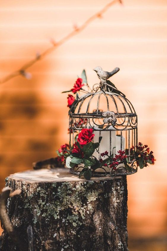a vintage birdcage with pillar candles, red roses and greenery is a beautiful and chic decor ida