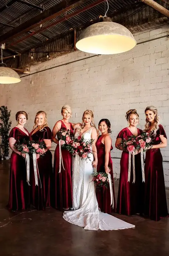 beautiful deep burgundy velvet maxi bridesmaid dresses look very chic and elegant and will fit a fall or winter wedding