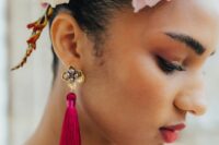 bright fuchsia tassel earrings with pearls are amazing accessories for a bold and catchy bridal look