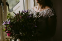 02 The bride was wearing an off the shoulder embellished neckline wedidng dress and a romantic half updo