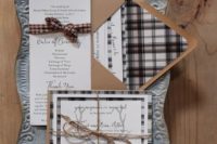 02 a classic neutral plaid invitation suite for a cozy woodland or rustic winter wedding