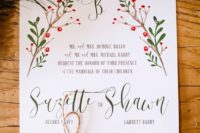 02 a rustic Christmas wedding invitation with a colorful print in traditional green and red and twine
