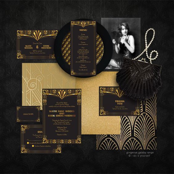 moody black, gold and gold glitter wedding stationery suite with various art deco prints