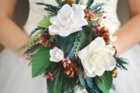 02 gorgeous winter-inspired wedding bouquet with paper flowers, evergreens and leaves