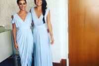 05 serenity blue bridesmaids’ dresses, one with a cold shoulder, the second with wide straps