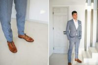 06 The groom was wearing a blue grey suit, a white shirt and brown shoes for a cool seaside look