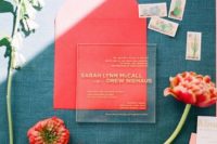 06 a modern acrylic wedding invitation with gold letters in a coral envelope