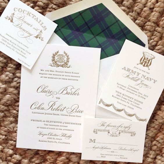 a neutral wedding invitation suite with an envelope with plaid lining for a rustic feel