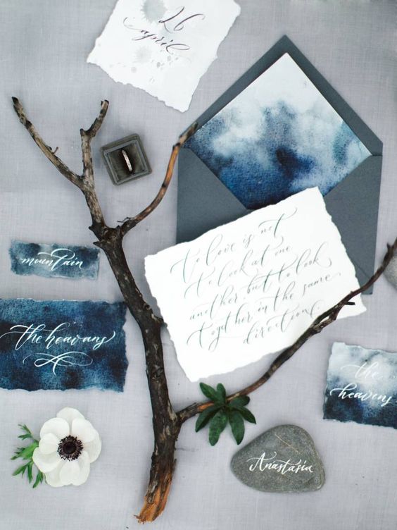 blue watercolor wedding stationery with grey envelopes and a raw edge for a coastal wedding (1)