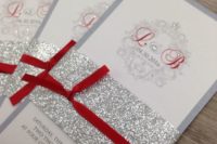 06 grey, silver glitter and red wedding invitations for a sparkly glam Christmas wedding