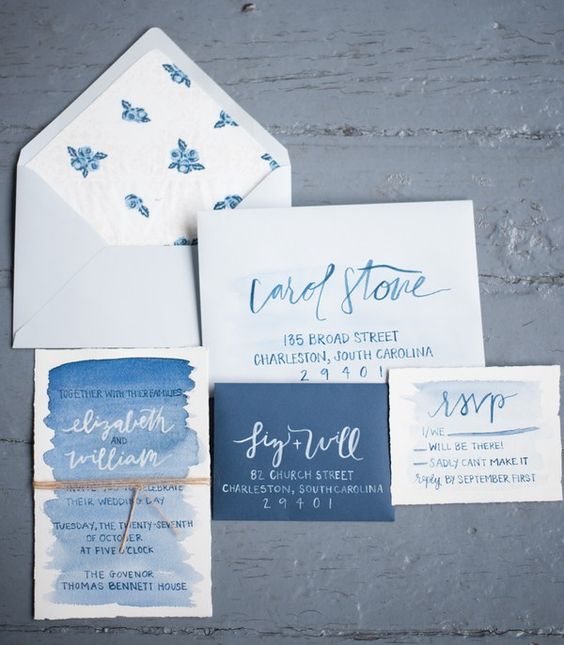 Delft blue wedding invitation suite with watercolor and floral lining can fit a spring or summer wedding