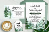 07 a cute green wedding invitation suite with fir trees to hint on a Christmas tree farm venue