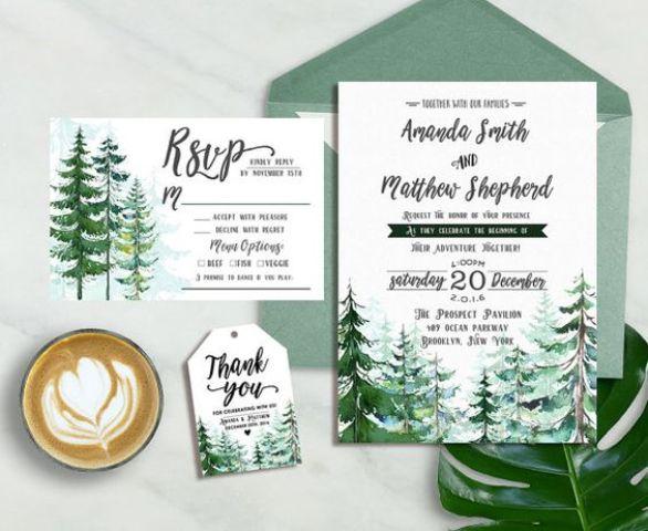 a cute green wedding invitation suite with fir trees to hint on a Christmas tree farm venue