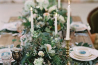 08 Look at this perfect textural green table runner with some blooms and candles, it’s perfect