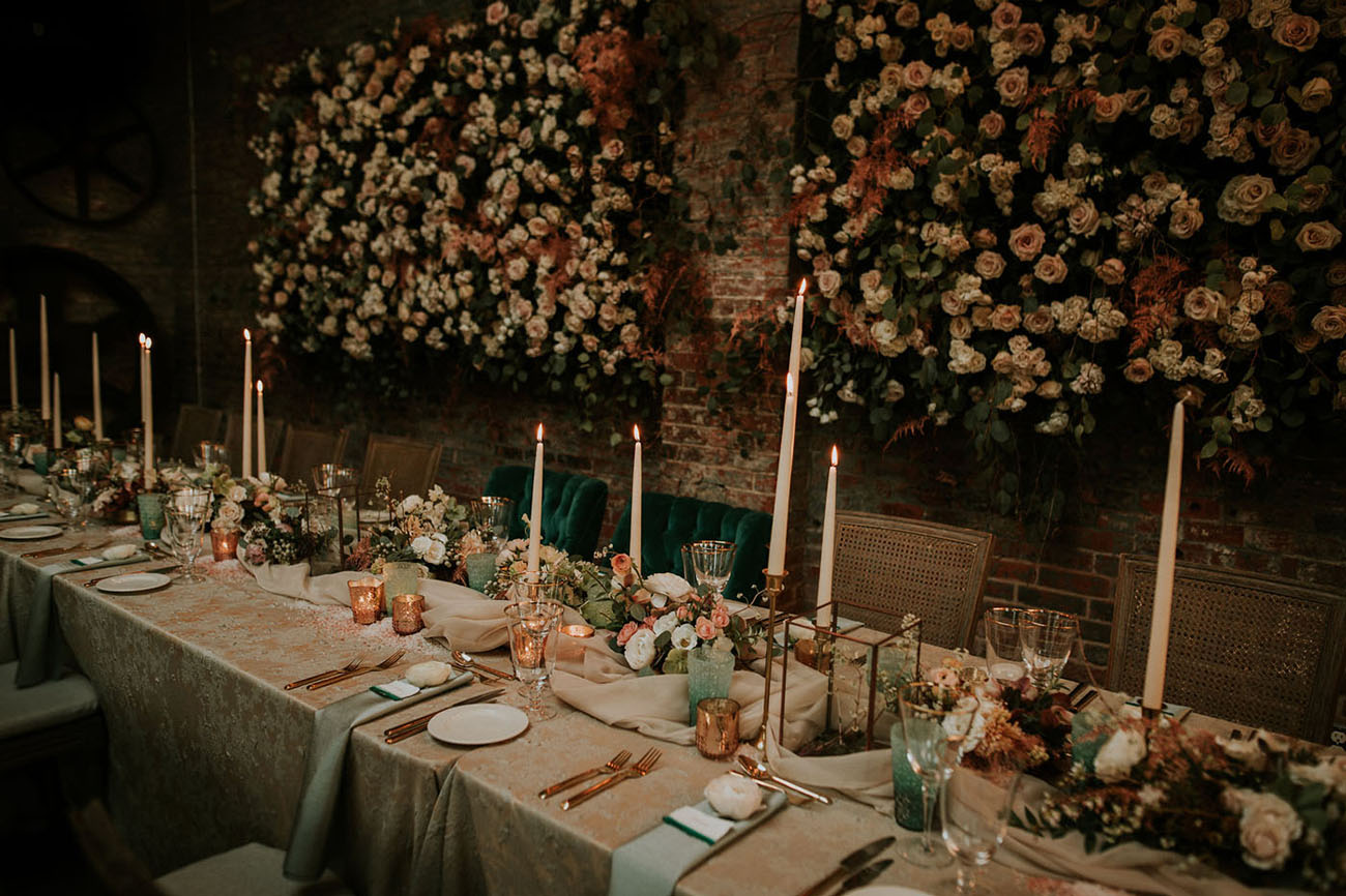 Luxurious emerald and mint touches and lots of blooms everywhere made the reception decadent and very refined
