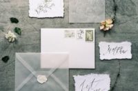 08 ethereal wedding invitation set in white and grey, with a raw edge, calligraphy and a sheer envelope