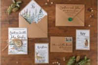 08 gorgeous Christmas wedding invites on amber paper, with deer, snowy forests and small houses