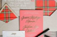 09 a cute plaid Christmas wedding invites for a cozy wedding with rustic touches