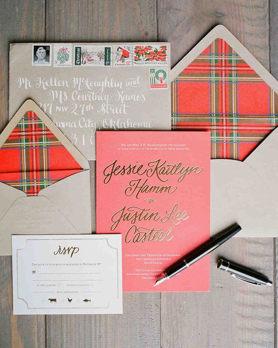 a cute plaid Christmas wedding invites for a cozy wedding with rustic touches