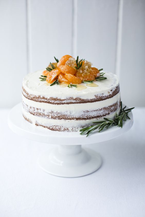 a yogurt ricotta cake topped with fresh tangerines for a winter wedding
