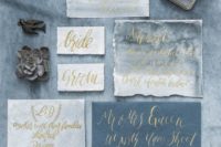 09 winter wedding invitation suite in the shades of grey and blue, with gold calligraphy and watercolor