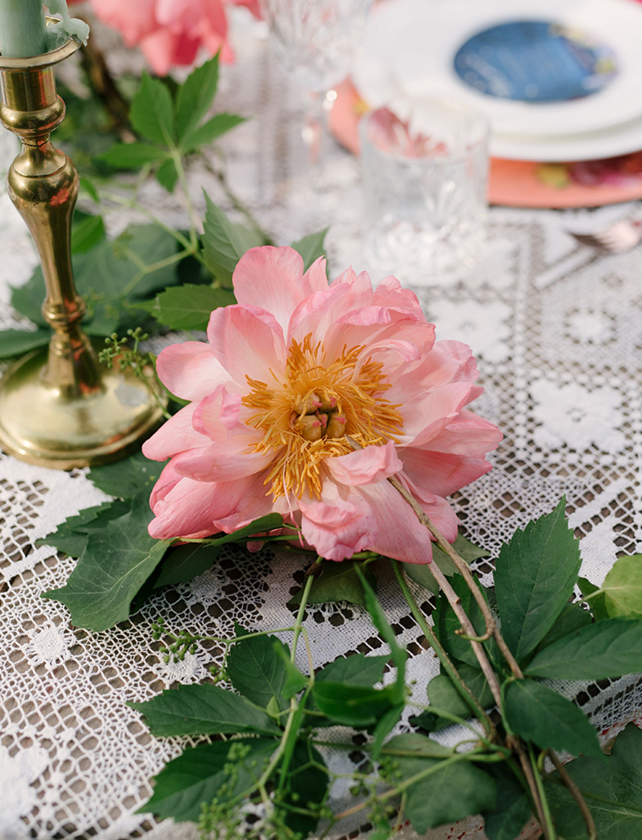 The table was decorated in pastels and with peonies