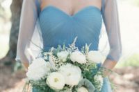 10 muted blue sweetheart neckline bridesmaids’ dress with illusion sleeves