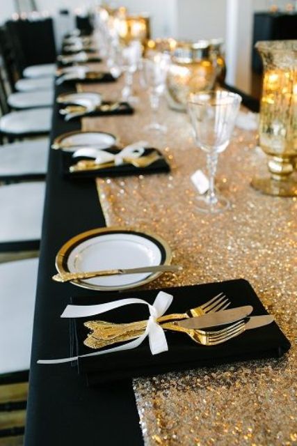 a sparkling silver sequin table runner for a New Year's Eve or a glam wedding