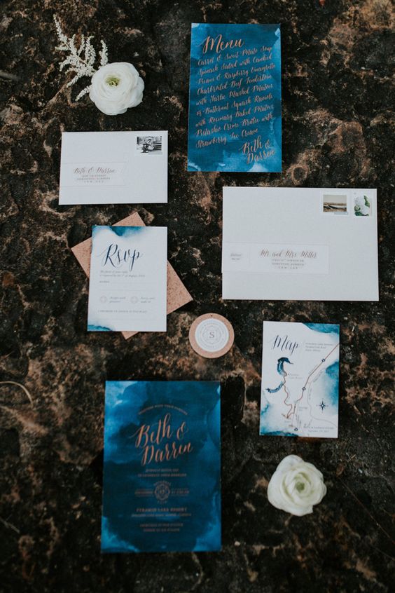 watercolor blue and copper wedding invitation suite for a chic colorful fall wedding