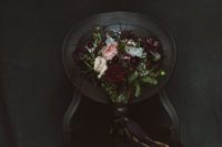 12 a dark bridal bouquet with black ribbons, burgundy and blush blooms and greenery