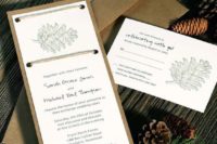 12 kraft paper, pinecones and twine wedding inivtations for a cozy rustic winter wedding