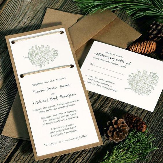 kraft paper, pinecones and twine wedding inivtations for a cozy rustic winter wedding