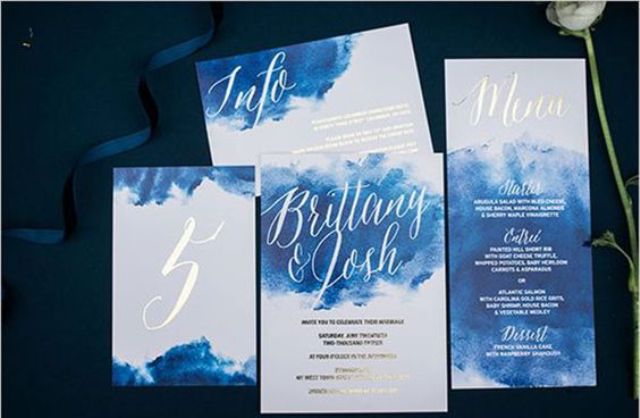 'something blue' blue watercolor wedding invites with white calligraphy