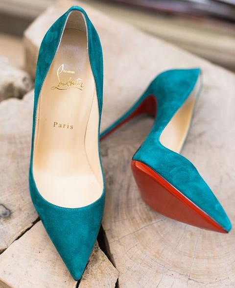 teal suede wedding heels will add a colorful touch and a textural feel to your look