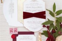 14 a neutral and burgundy wedidng invitation suite with velvet ribbons