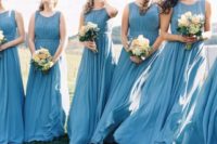 15 French blue sleeveless illusion neckline bridesmaids’ dresses