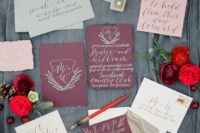 15 a Christmas inspired wedding invitaiton set in mint, burgundy, pink and neutrals with an agate print