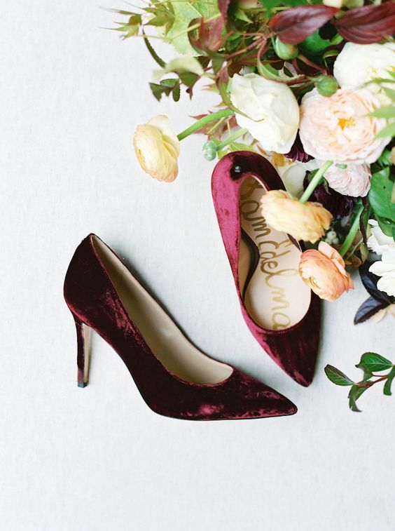 cranberry velvet heels are amazing for a colorful and textural touch, and this color is great to stand out in pale winter colors