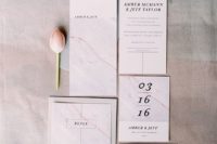 15 laconic marble wedding invites with black letters and numbers for a simple modern wedding