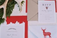 17 a chic traditional Christmas invitation suite with kraft paper, deer and lots of red for a bold and homey wedding