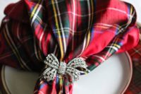 18 a pretty plaid napkin with a rhinestone bow holder is a gorgeous idea for a festive wedding