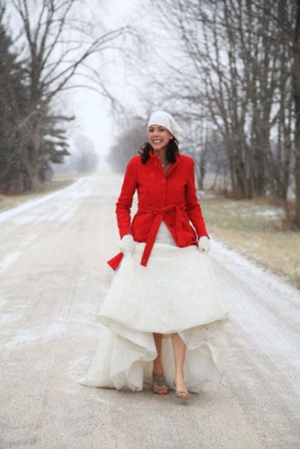 a short red coat will keep you warm during the outdoor shoots