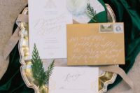 18 elegant gold and emerald wedding invitation suite with evergreens