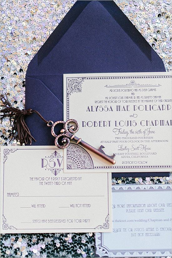 navy and purple Great Gatsby wedding invitation suite, these colors aren't typical but look great