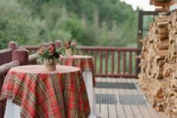 19 red and taupe plaid cocktail table linens are perfect for winter or holiday weddings