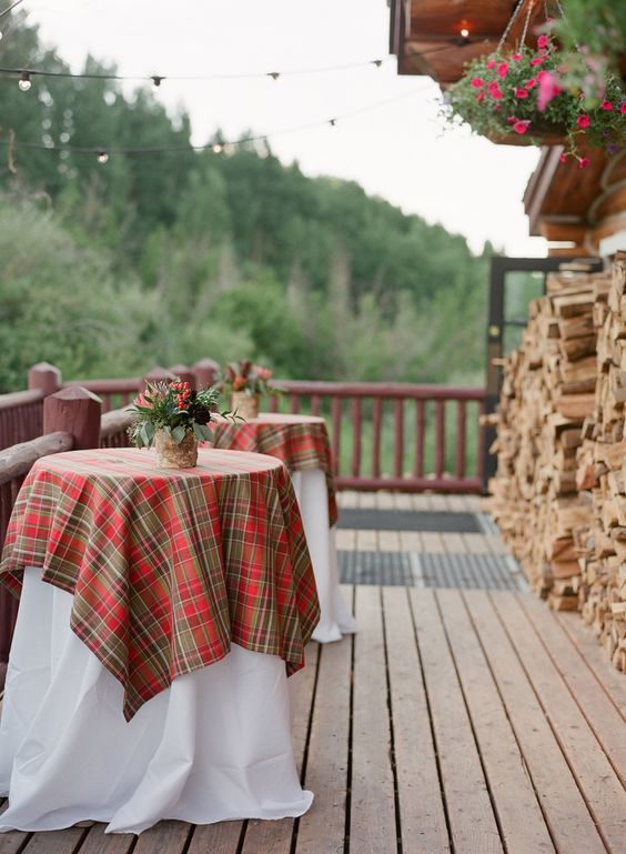 red and taupe plaid cocktail table linens are perfect for winter or holiday weddings