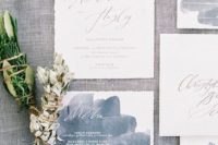 19 watercolor grey invites with white calligraphy for a neutral wedding