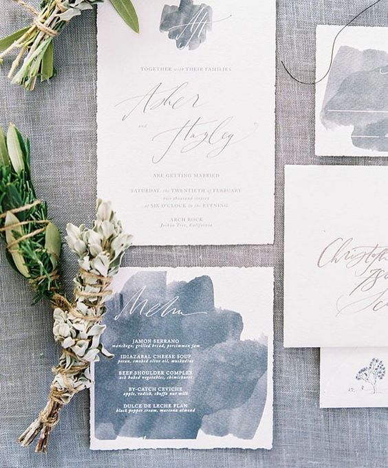watercolor grey invites with white calligraphy for a neutral wedding