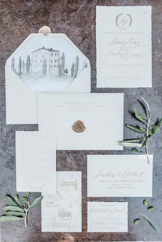 Tuscany wedding stationery suite with watercolor, champagne calligraphy and seal