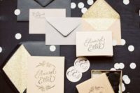 21 black, blush and gold flitter wedding invites with calligraphy for a New Year’s Eve wedding